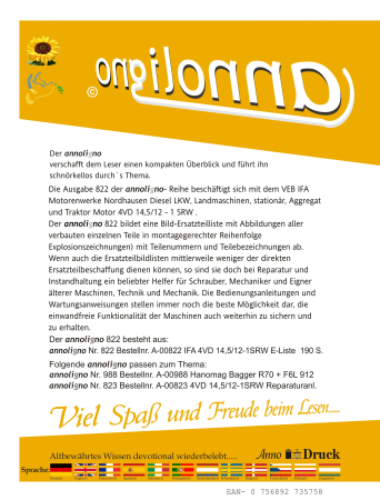 VEB IFA Diesel LKW Landmaschinen, Aggregat und Traktor Motor Typ 4VD 14,5/12-1 SRW Bild- Ersatzteilliste & Explosionszeichnungen 1967-77 - annoligno 822